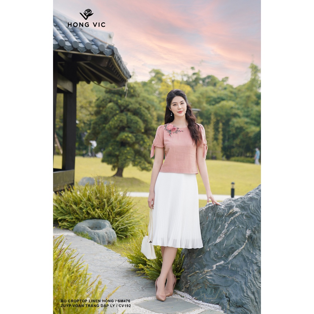 Áo croptop nữ thiết kế Hong Vic linen hồng SM476