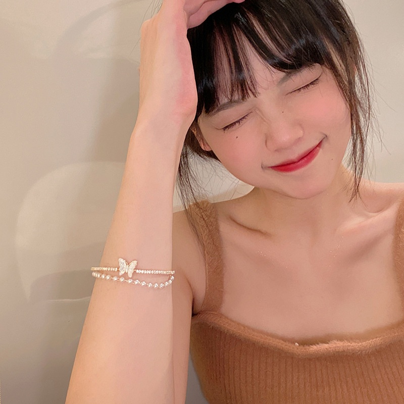 Vòng đeo tay AY hai lớp mặt bươm bướm đính ngọc trai pha lê nhân tạo thời trang thanh lịch đơn giản cho nữ