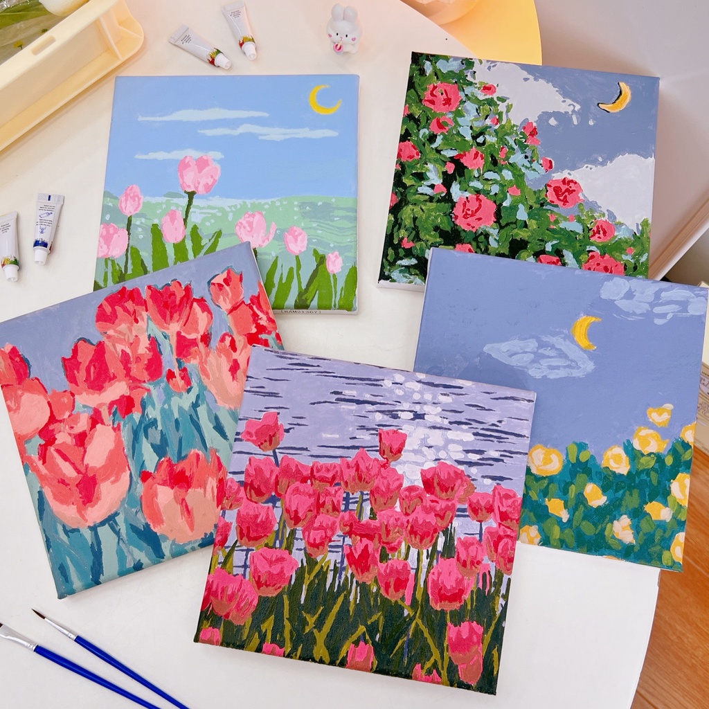 Tranh tô màu theo số phong cảnh BIỂN đã căng khung kích cỡ 20x20cm, Tranh sơn dầu số hóa kèm màu và cọ vẽ