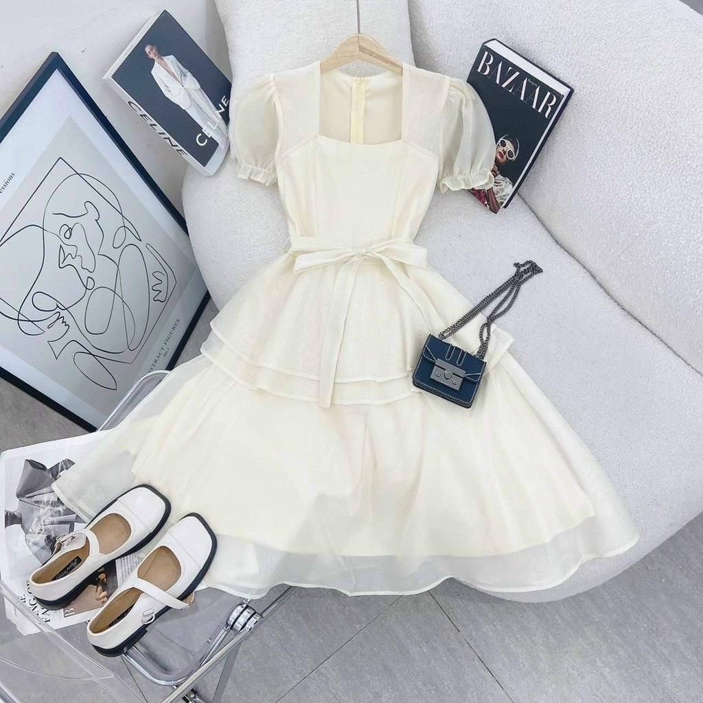 Đầm voan chifon tay ngắn phồng dáng mini xòe có cột nơ bánh bèo dễ thương
