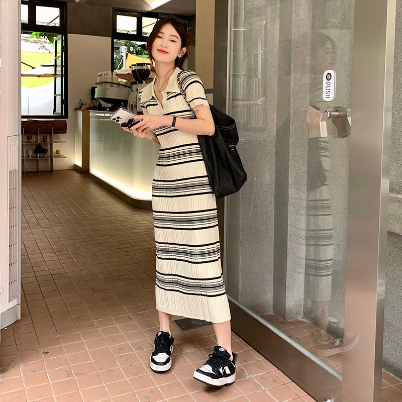 Đầm Dệt Kim Tay Ngắn Cổ Polo Họa Tiết Kẻ Sọc Thời Trang Mùa Hè Cho Nữ