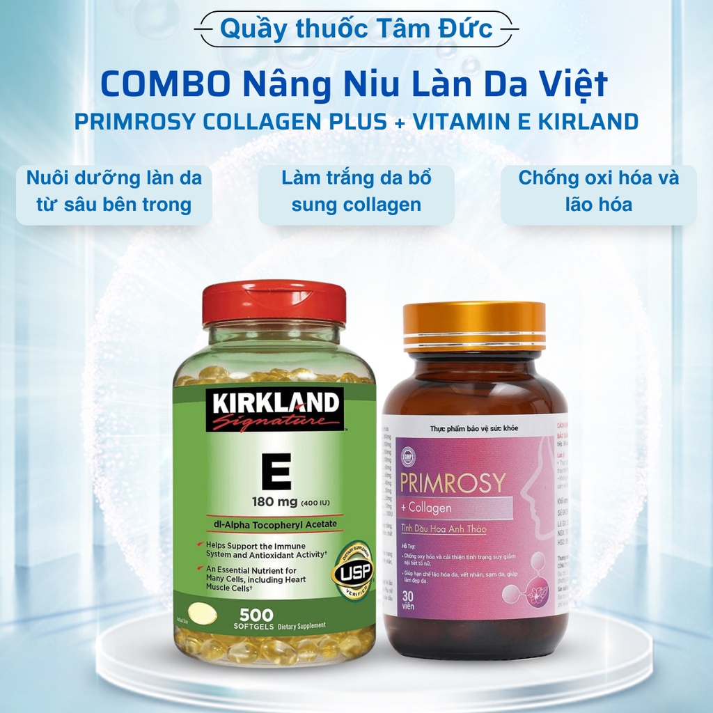 COMBO trắng da và tăng cường nội tiết tố PRIMROSY COLLAGEN PLUS + VITAMIN E KIRLAND