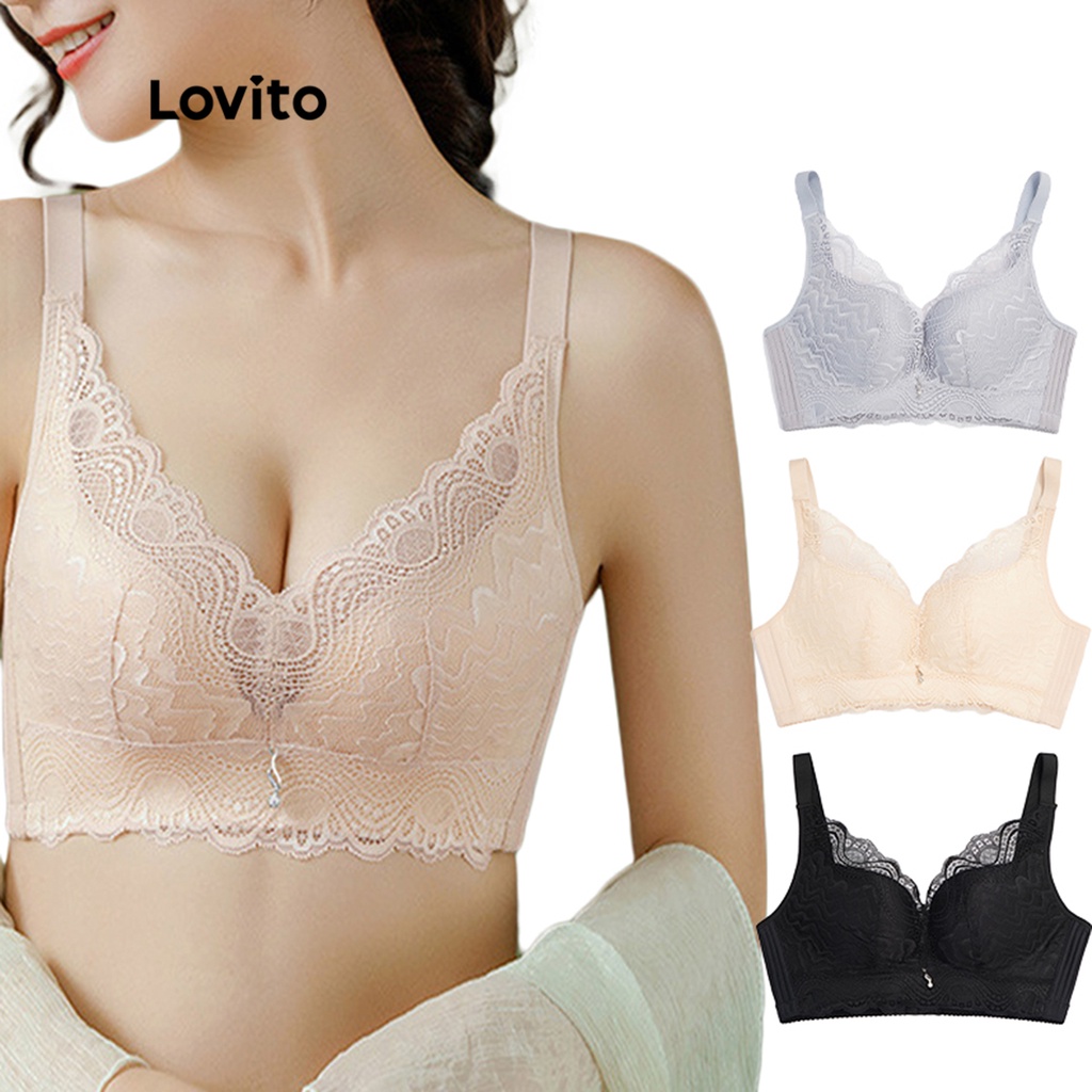 Áo ngực Lovito 3/4 nâng ngực không gọng phối ren tương phản sexy L17X498 (Màu da/Màu đen)