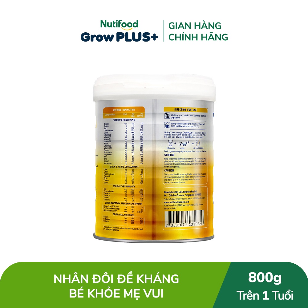 Combo 2 Sữa Bột Nutifood GrowPLUS+ Sữa Non Tăng Đề Kháng 800g - Trên 1 Tuổi - Tăng Cường Hệ Miễn Dịch, Tiêu Hóa Tốt (2 L