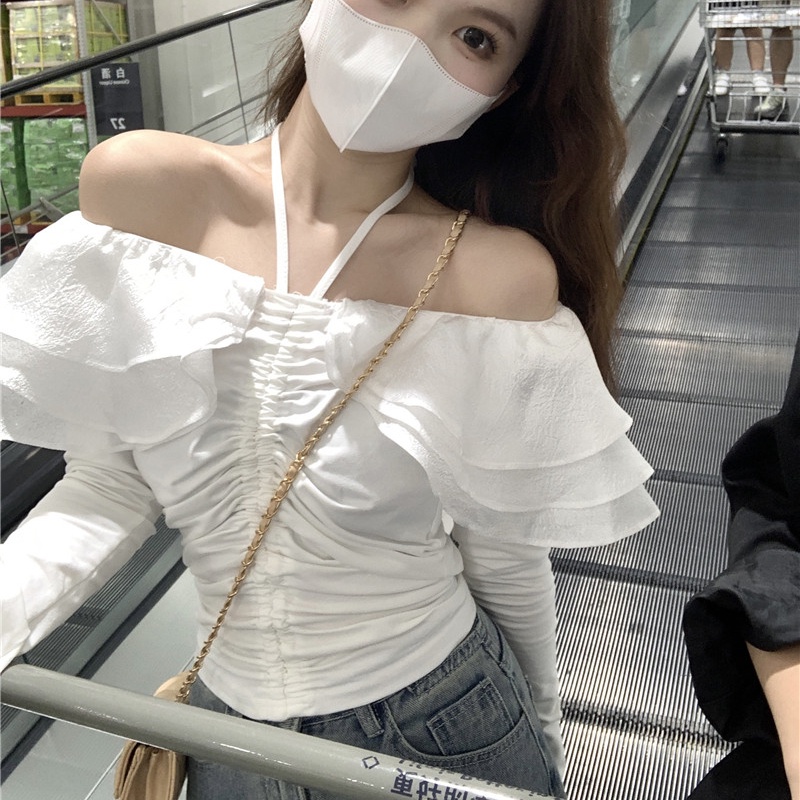 Áo sơ mi SUXI tay dài phồng trễ vai dáng ôm thời trang mùa xuân xinh xắn cho nữ