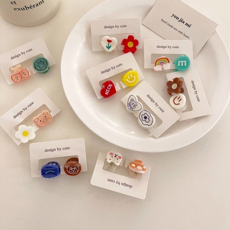 Set 2 kẹp tóc, kẹp mái hình hoa, trái tim, mặt cười, gấu dễ thương