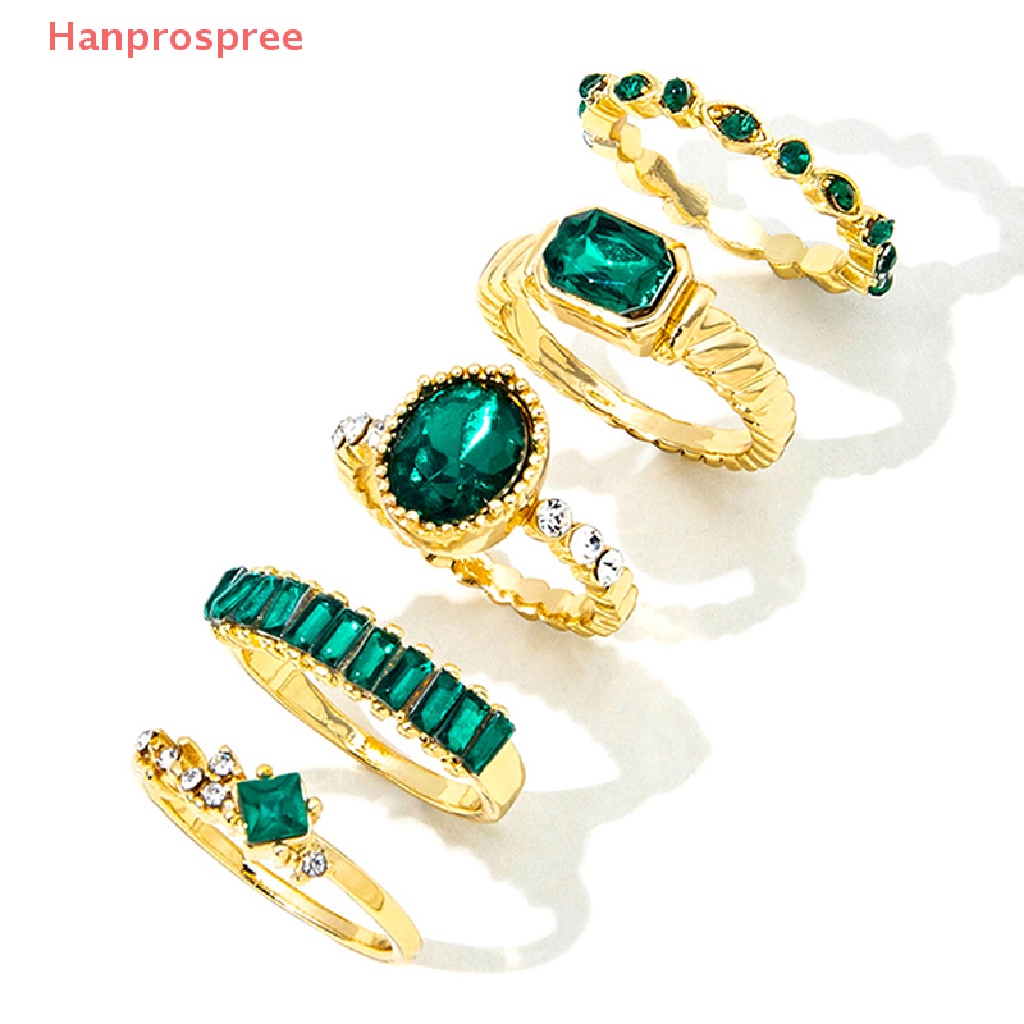 Set 5 Nhẫn Đính Đá Pha Lê Xanh Phong Cách Vintage Cho Nữ