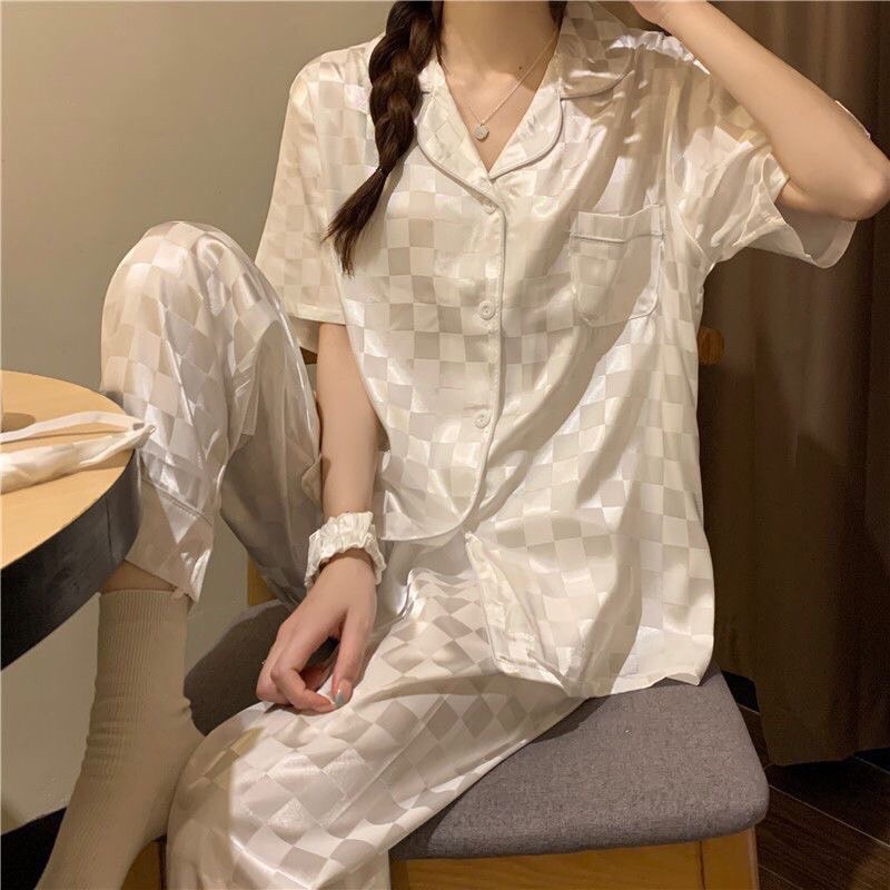 Set bộ lụa in chìm caro