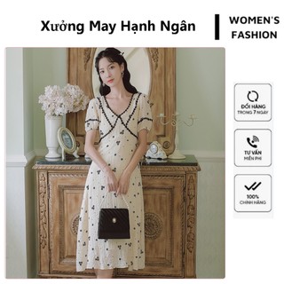 Váy nữ xinh dáng dài công sở đẹp hoa in nổi chất đũi xốp có ảnh thật Hanh96boutique V118