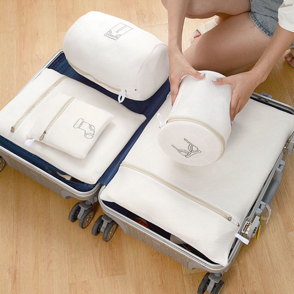 Túi lưới giặt quần áo đồ lót NOVSET máy giặt màu be có khóa 3 lớp hình thêu phân loại đồ giặt tiện lợi gia đình