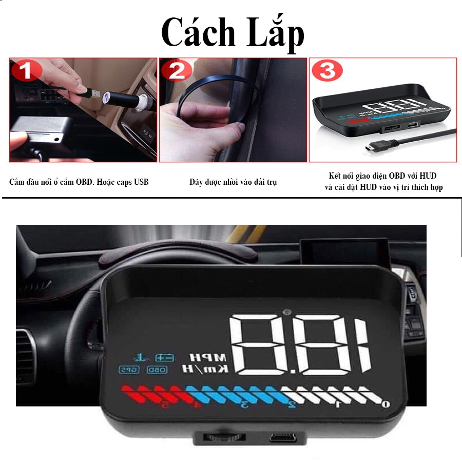 Màn Hình Hắt Kính HUD M7, Hiển Thị Tốc Độ Và Cảnh Báo Tốc Độ Ô Tô, Xe Hơi Cắm Cổng OBD2 + USB GPS