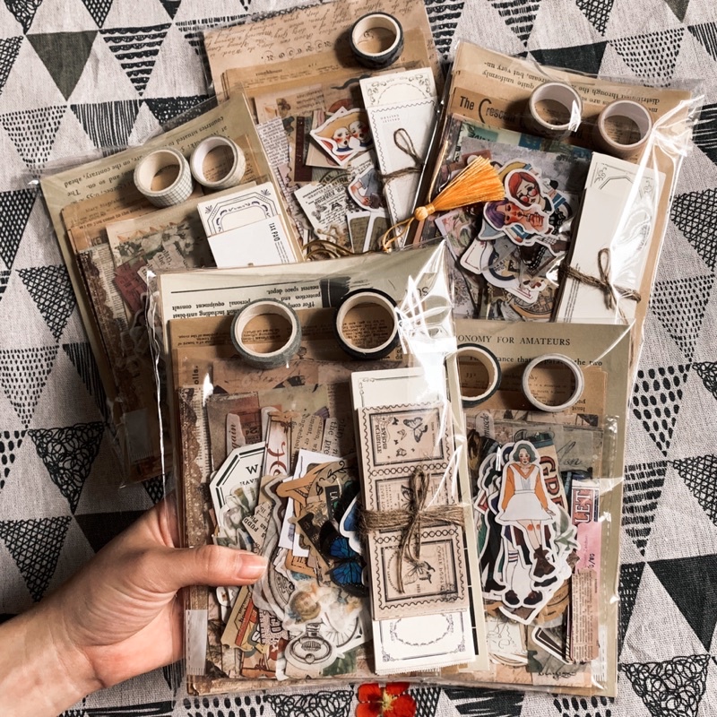 Set 200 món trang trí sổ vintage , decor gồm giấy nền, sticker,giấy note, chữ dán, ... bullet journal