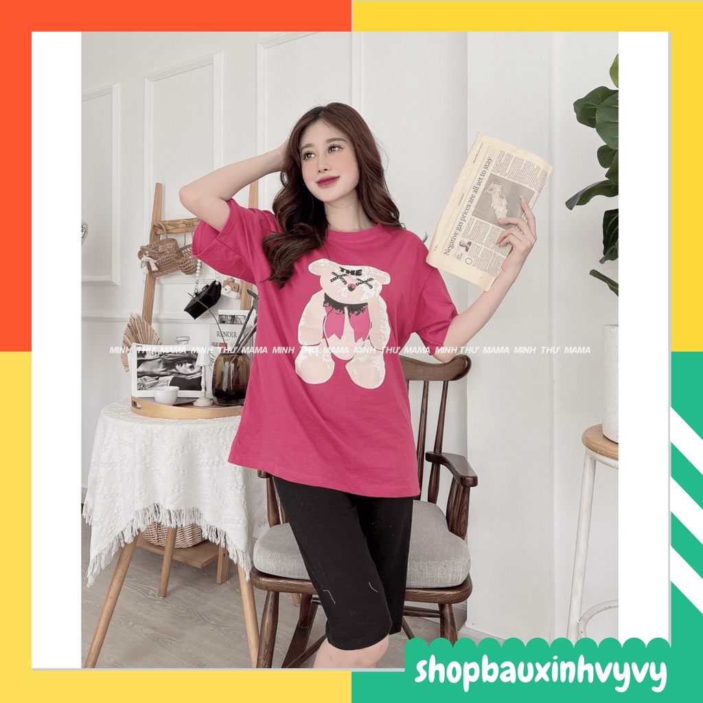 Bộ đồ bầu, bộ bầu Lửng hình GẤU mặc nhà, chất cotton, rộng rãi, dễ chịu mặc hè thoáng mát