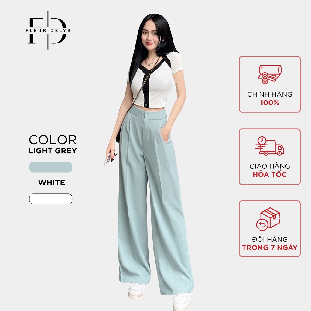 Áo croptop trắng cổ V viền đen De-Lys & Quần suông nữ xanh mint quần tây nữ cạp cao