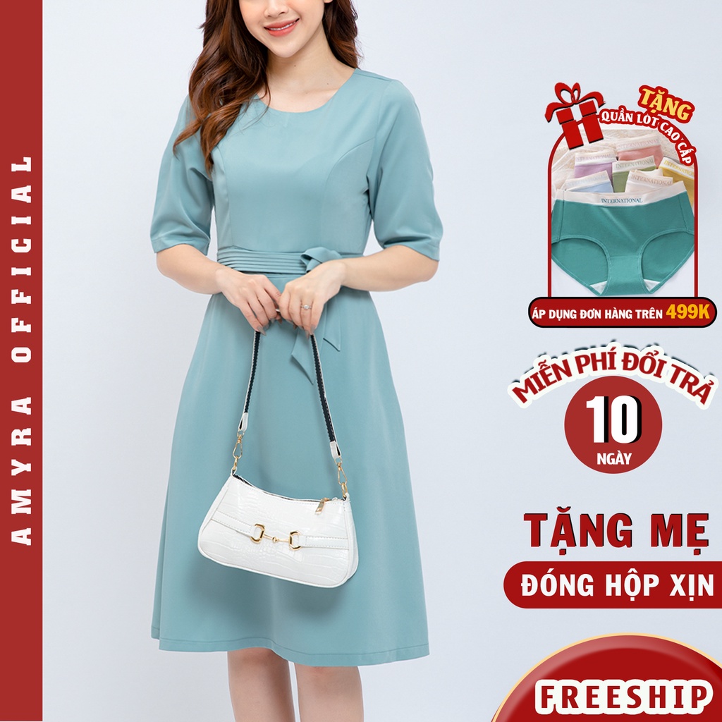 Đầm Công Sở Dự Tiệc Sang Trọng Bigsize AMYRA, Thiết Kế Dáng Xòe Tay Lửng Eo Đính Hoa Có Túi Cao Cấp Đi Làm Đi Tiệc DA155
