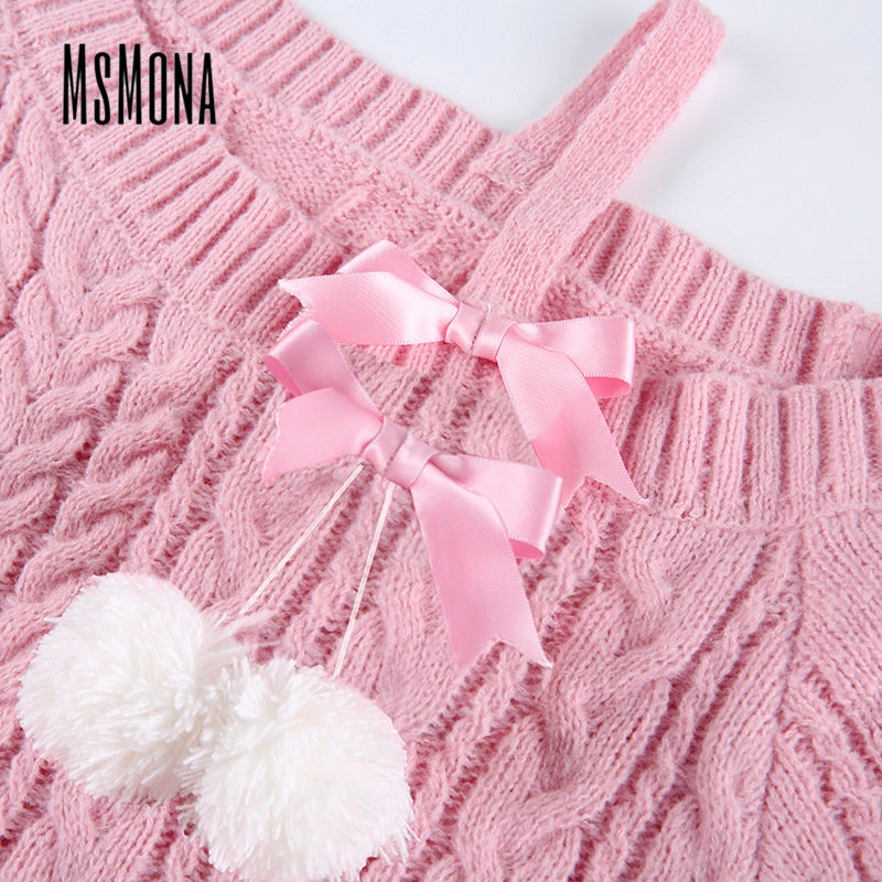 MsMona Áo Sweater Dệt Kim Màu Trơn Đính Nơ Dễ Thương Thời Trang 2023 Cho Nữ