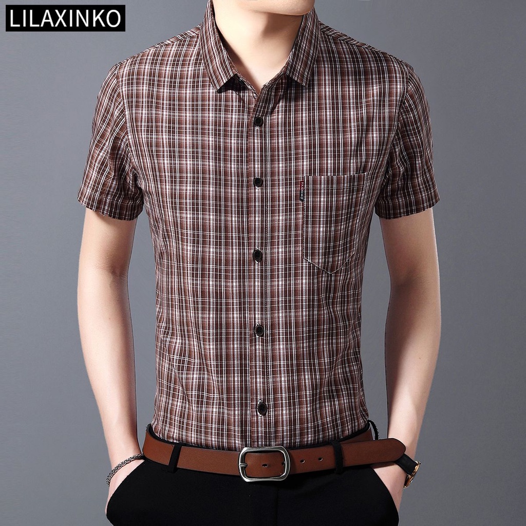 Áo Sơ Mi Cotton Tay Ngắn Kẻ Sọc Có Túi 2 Màu Chất Lượng Cao Thời Trang Cho Nam