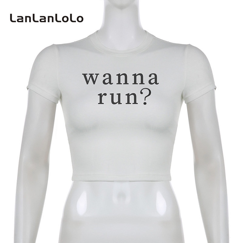 Áo thun croptop LanLanLoLo cổ tròn tay ngắn in hoạ tiết đơn giản trẻ trung thời trang 2023 cho nữ
