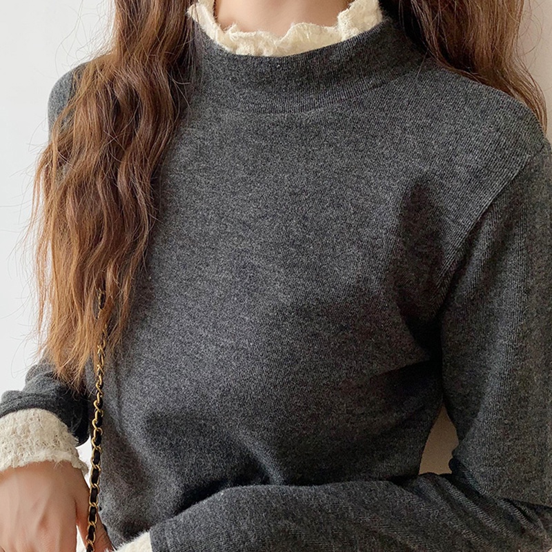IELGY   IELGY  Áo Len Lông Cừu Cổ Lọ Tay Dài Phối Ren Bên Trong Cho Nữ