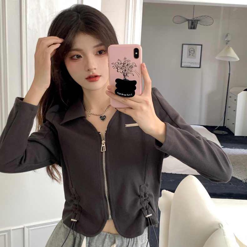 IELGYÁo Thun Lửng Tay Dài Cổ polo Phối Dây Rút Thời Trang Cho Nữ