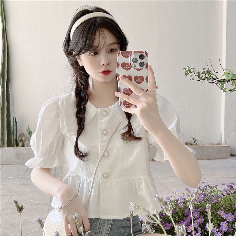 COZOK Áo Sơ Mi Trắng Tay Phồng Cổ Bẻ Xinh Xắn Cho Bé Gái