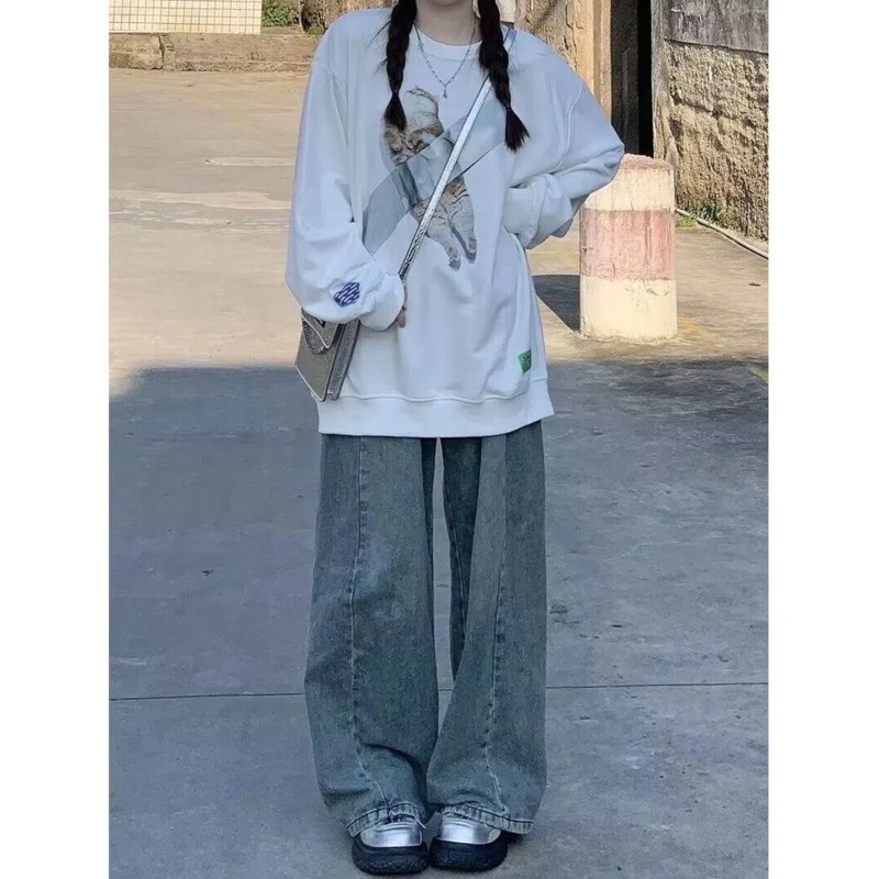 Quần Denim Lưng Cao Ống Rộng Phong Cách Retro Hàn Quốc Độc Đáo