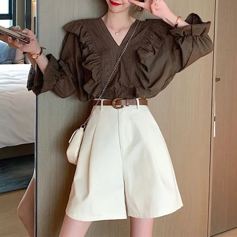 Quần ngắn dành cho nữ Ống Rộng Lưng Cao Màu Be Thời Trang Mùa Hè 2023