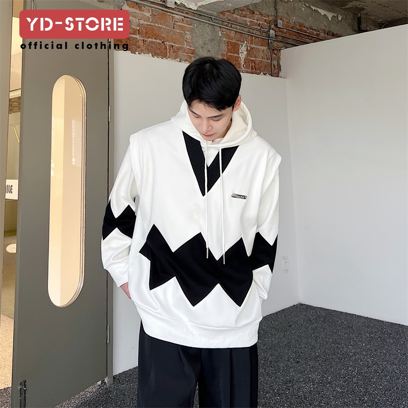 Áo Khoác Hoodie Giả Hai Lớp Phối Màu Đen Trắng Thời Trang Xuân Thu 2023 Cao Cấp Cho Nam