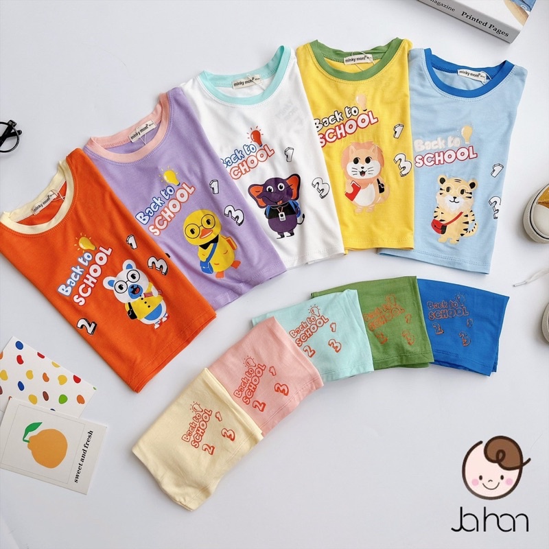NT052 Bộ cộc tay thun lạnh Minky Mom in hoạ tiết Back to school dễ thương cho bé