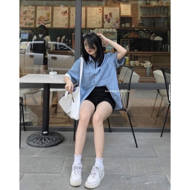 Áo Sơ Mi Bò Denim 2 Túi Vạt Rộng Size S M-Halinh Shop-Áo Sơ Mi Bò Ngắn tay Hàn Quốc