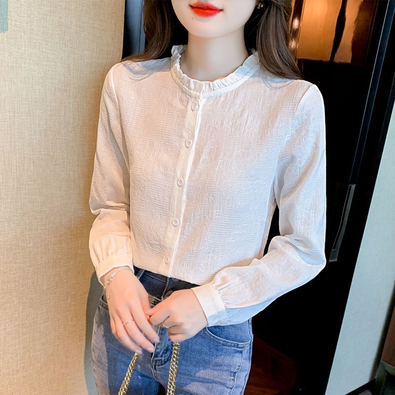 ICE Cotton Younger Fashion Jacquard Cotton Shirt Women's Western Style Cotton Wooden Ear Collar Shirt Long Sleeve