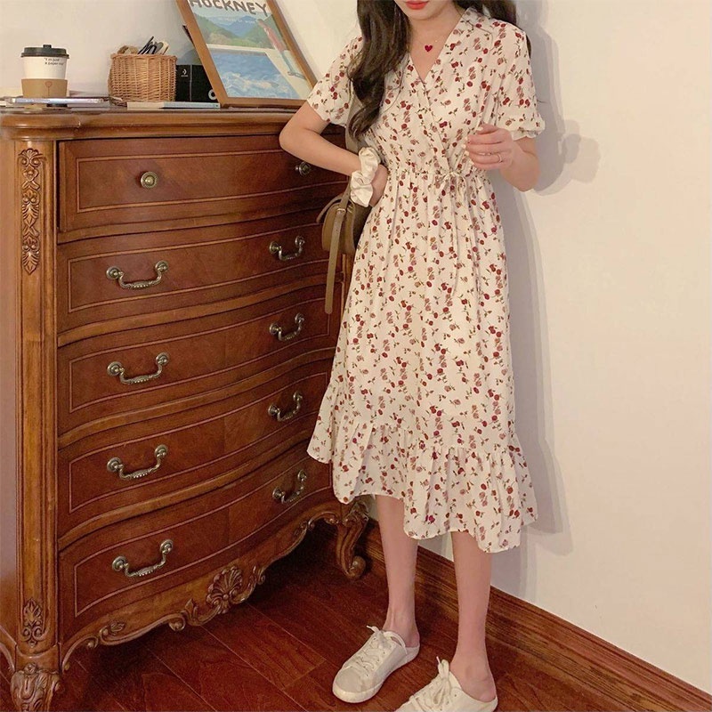 Đầm XINLANYASHE họa tiết hoa ôm eo phong cách Hàn Quốc 2023 dành cho nữ