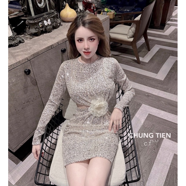 Đầm body kim sa cut out kèm hoa đi tiệc