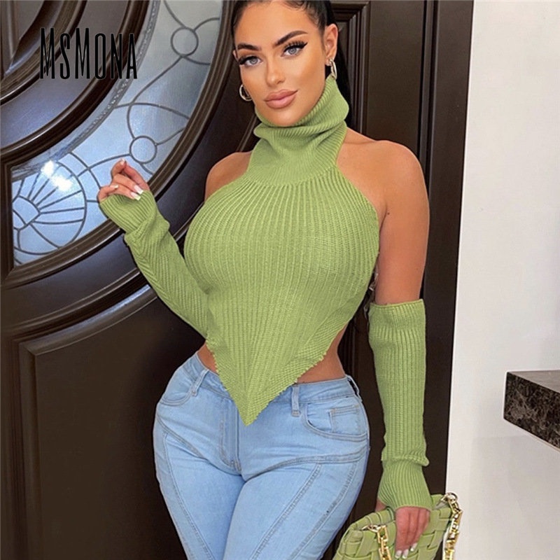 MsMona Áo Tank Top Hai Dây Dệt Kim Mỏng Màu Trơn Cổ Lọ Thời Trang 2023 Cho Nữ