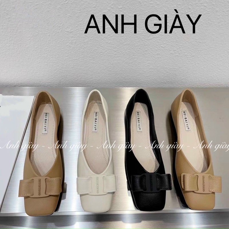 GB05 - Giày bệt, giày búp bê nữ mũi  vuông da lì nơ ngang hàng quảng châu cao cấp chất mềm đế dẻo kiểu dáng trẻ trung