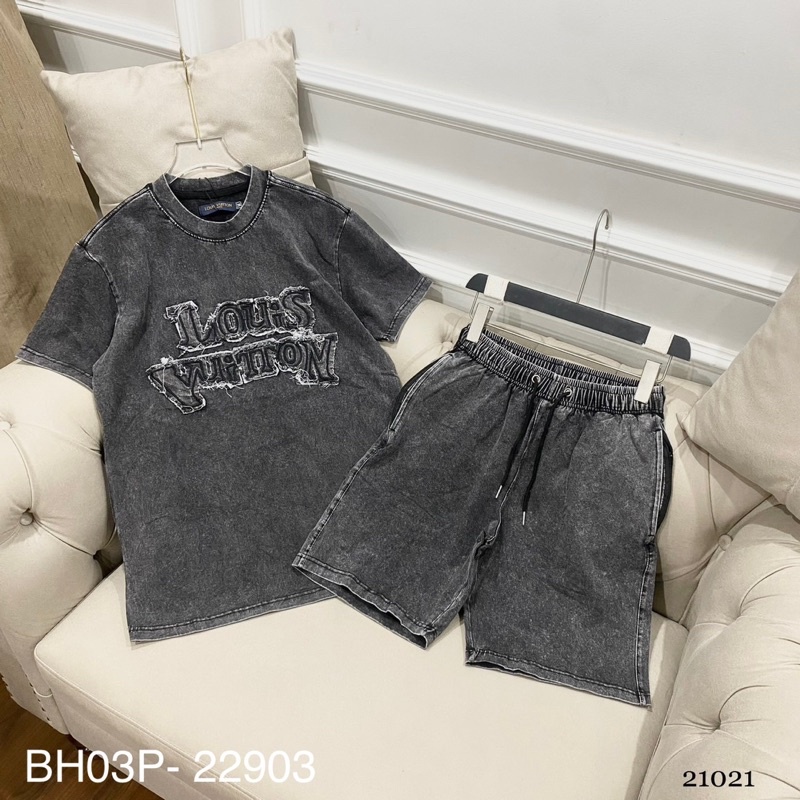 Bộ đồ nam cộc tay Eo Vì cotton wash loang dệt chữ rách trước ngực đơn giản đẹp BH03P