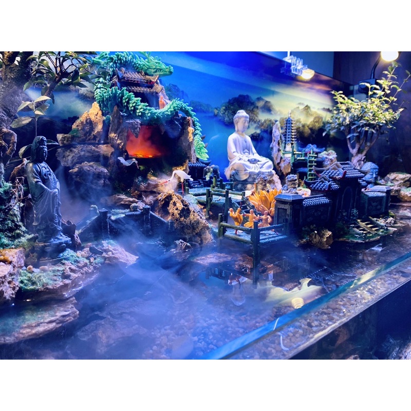 Hồ cá tiểu cảnh Phật giáo kết hợp thác nước phong thuỷ Aqua Mặt Trời Vàng