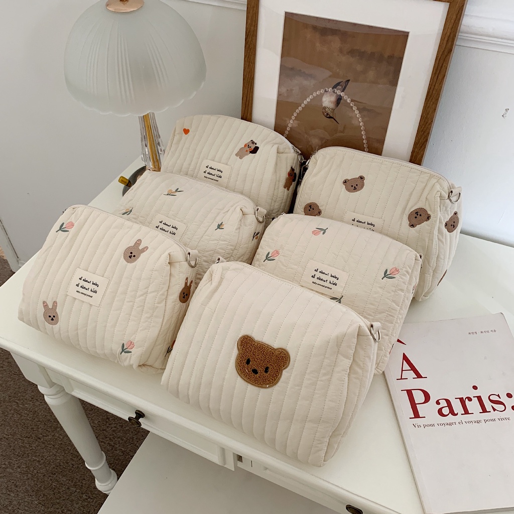 Túi Đựng Mỹ Phẩm / Đồ Vệ Sinh Cá Nhân Bằng Cotton Thêu Họa Tiết Thời Trang Kích Thước Lớn Tiện Dụng Cho Mẹ Bỉm Sữa