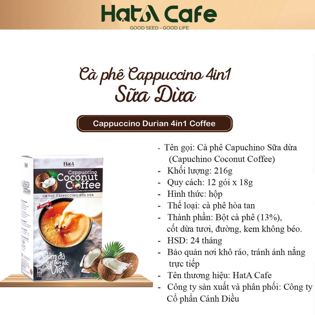 Cà phê hòa tan Cappuccino Hạt A Cafe 4in1 vị sữa dừa tự nhiên 216gr/12 gói