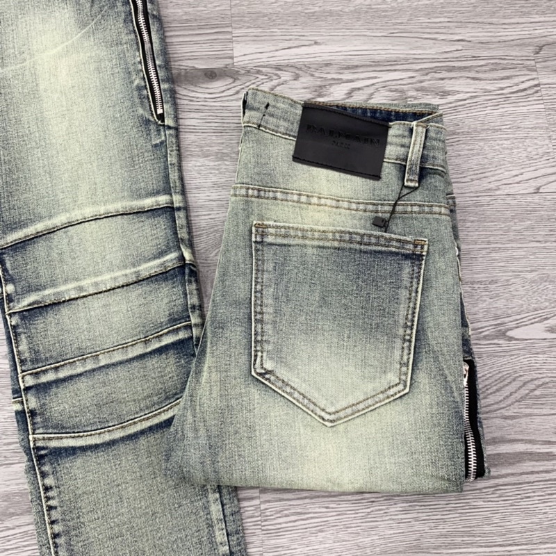 Quần Jean Xanh Nam Phối Đùi Vải Nhăn Khoá Zip