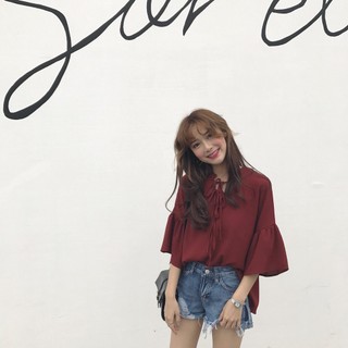 Kiểu / áo sơ mi ulzzang cổ nơ tay loe - kèm ảnh thật