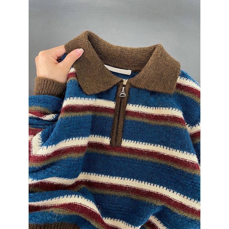 Áo Len Chui Đầu Ngắn Mỏng Có Dây Kéo Cổ Polo Màu Sắc Tương Phản Phong Cách Mới Cho Nữ