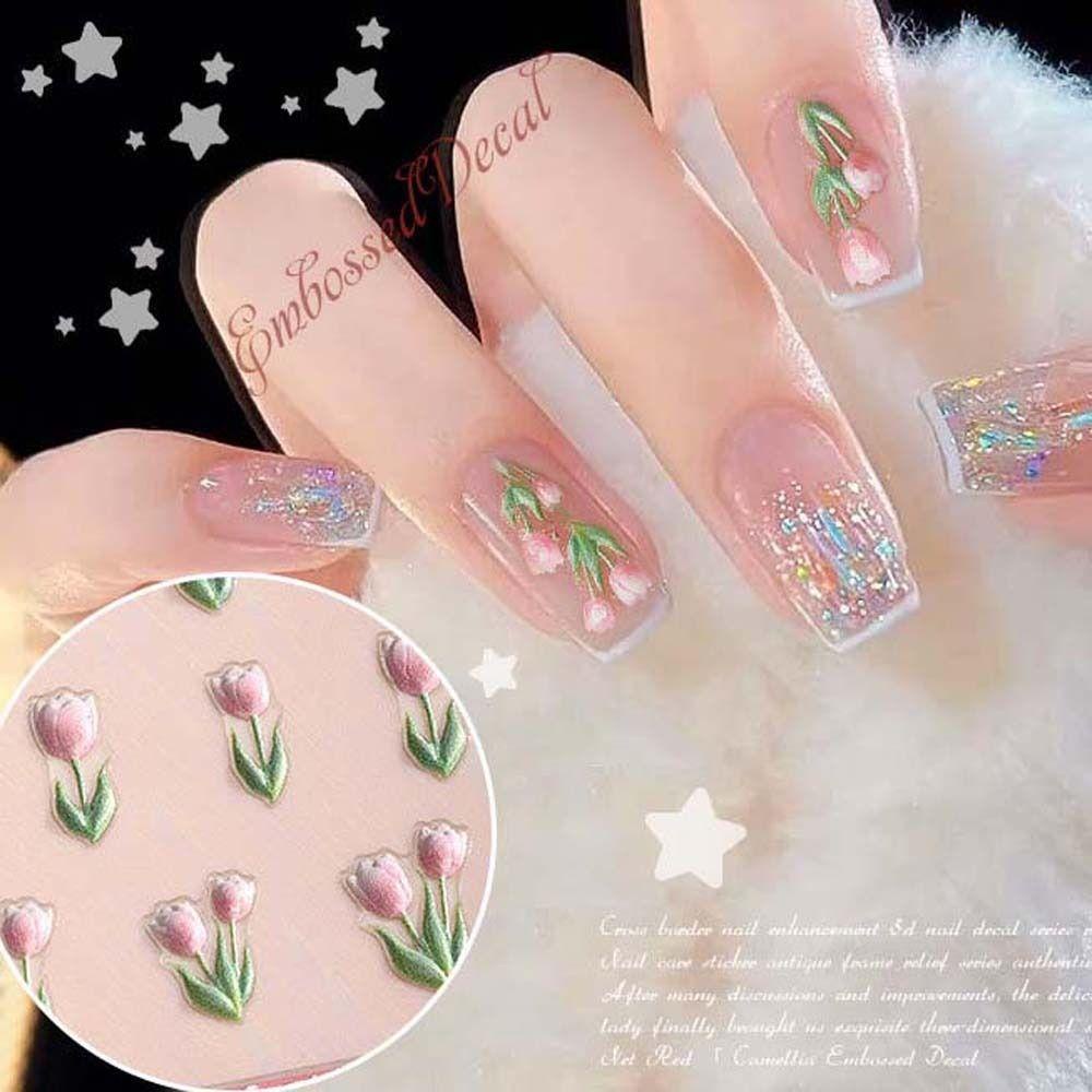 DANES Sticker Dán Móng Tự Dính Hình Hoa Tulip Và Bướm Kiểu Hàn Quốc Cho Nữ