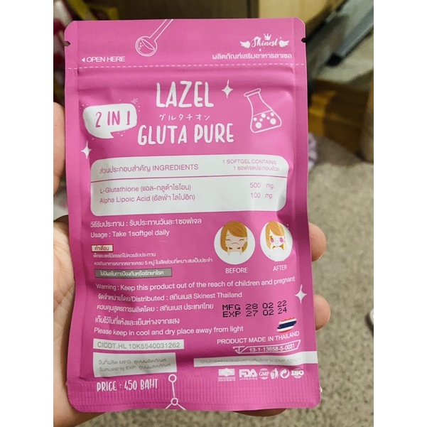 Viên trắng da Lazel Gluta Pure 2in1 Thái Lan