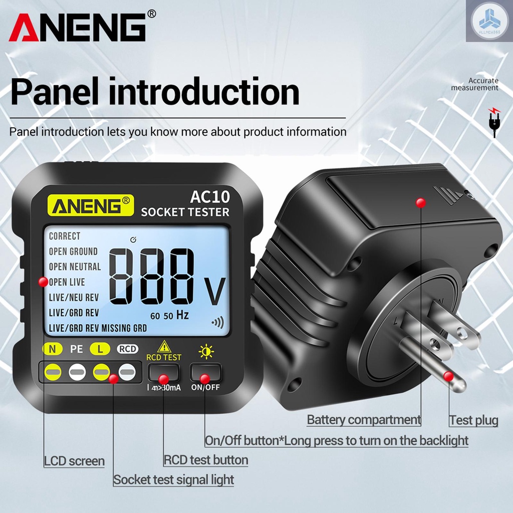 ANENG Máy Kiểm Tra Ổ Cắm Điện Kỹ Thuật Số AC10 Phân Cực B130 Đa Năng Phích Cắm US