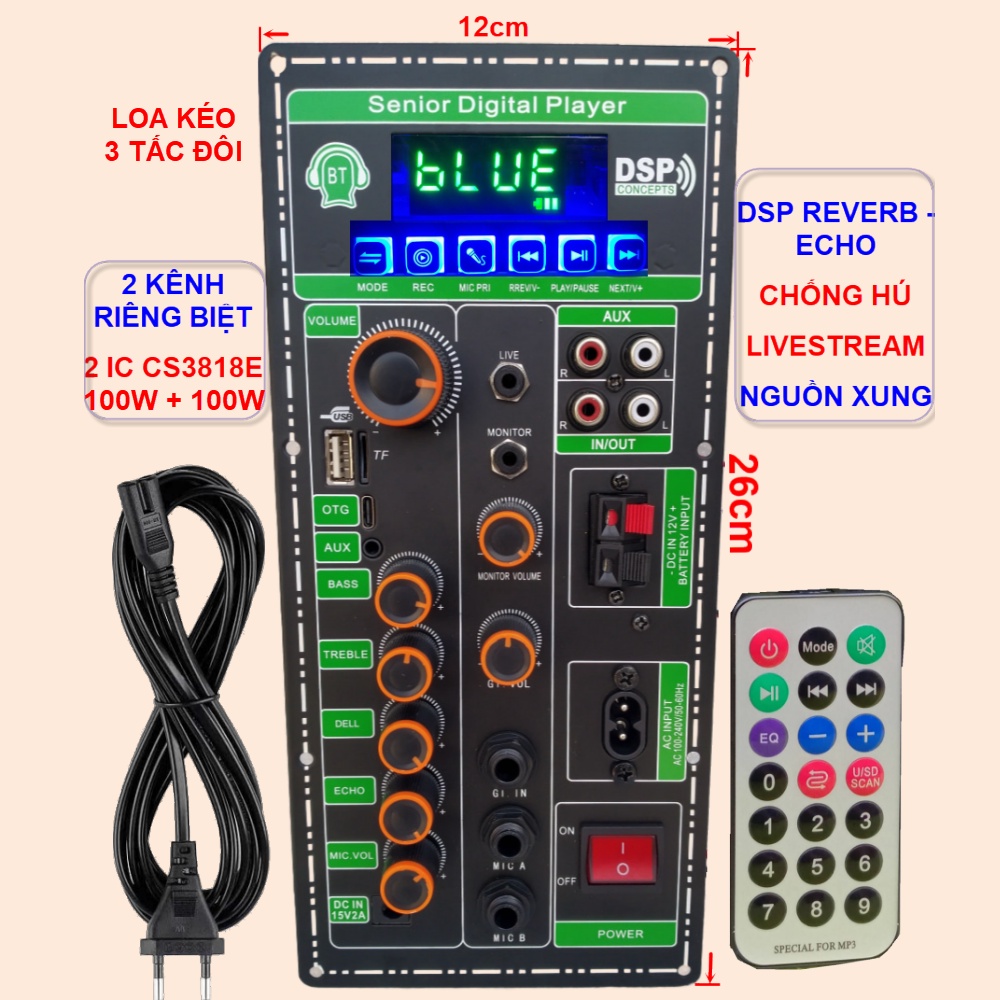 Mạch loa kéo 2 kênh Livestream DSP Reverb – Echo Chống hú 2 IC CS3818E 100W + 100W – Loa kéo 3 tấc đôi