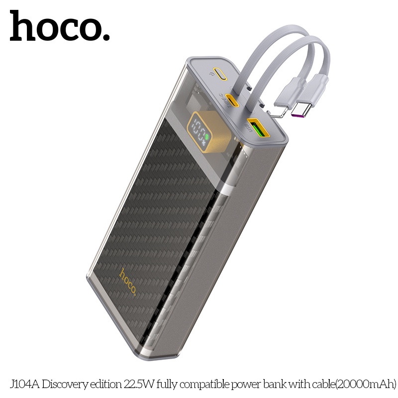 Pin dự phòng Hoco J104A 20000mAh QC3.0 22.5W, PD TypeC 20W, Kèm 2 cáp sạc (Xám) - Hãng phân phối