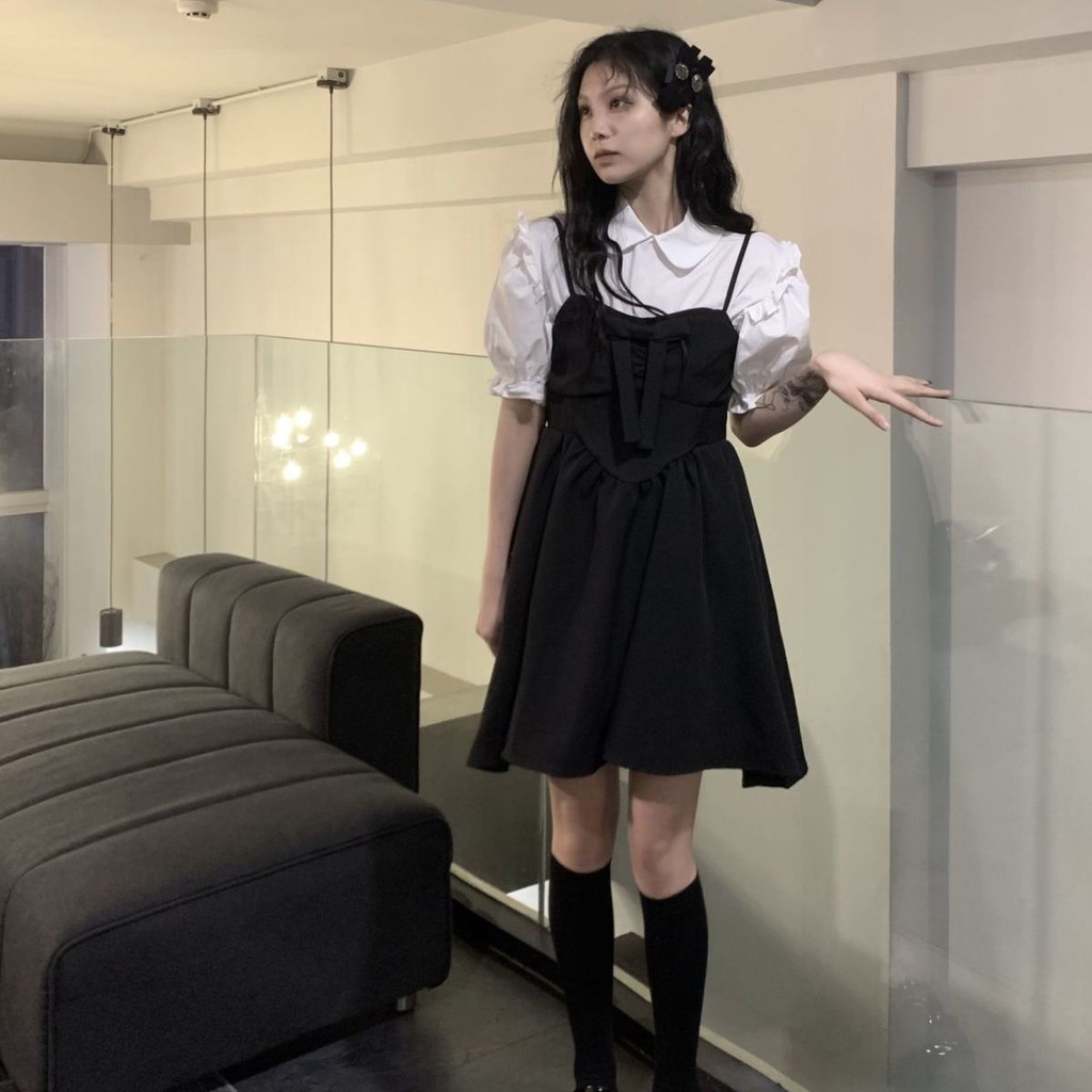 Set Áo Sơ Mi Trắng Tay Phồng + Đầm Chiết Eo Đính Nơ Thời Trang Dành Cho Nữ