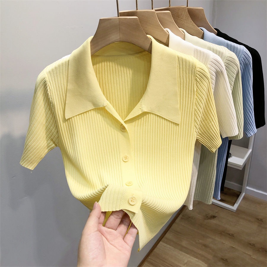 Áo Thun polo Dệt Kim Tay Ngắn Bằng Lụa Lạnh Thời Trang Mùa Hè Hàng Mới 2023 Dành Cho Bạn Nữ