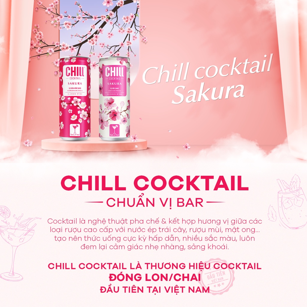 Combo 2 Thùng 6 lon Chill Cocktail Sakura mix vị Vải Sake & Dưa Hấu Sake (12 lon x 330ml/lon)